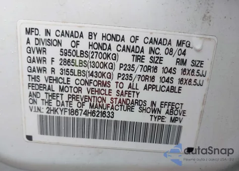 2004 Honda Pilot Ex-L from USA, damaged, VIN 2HKYF18674H621633